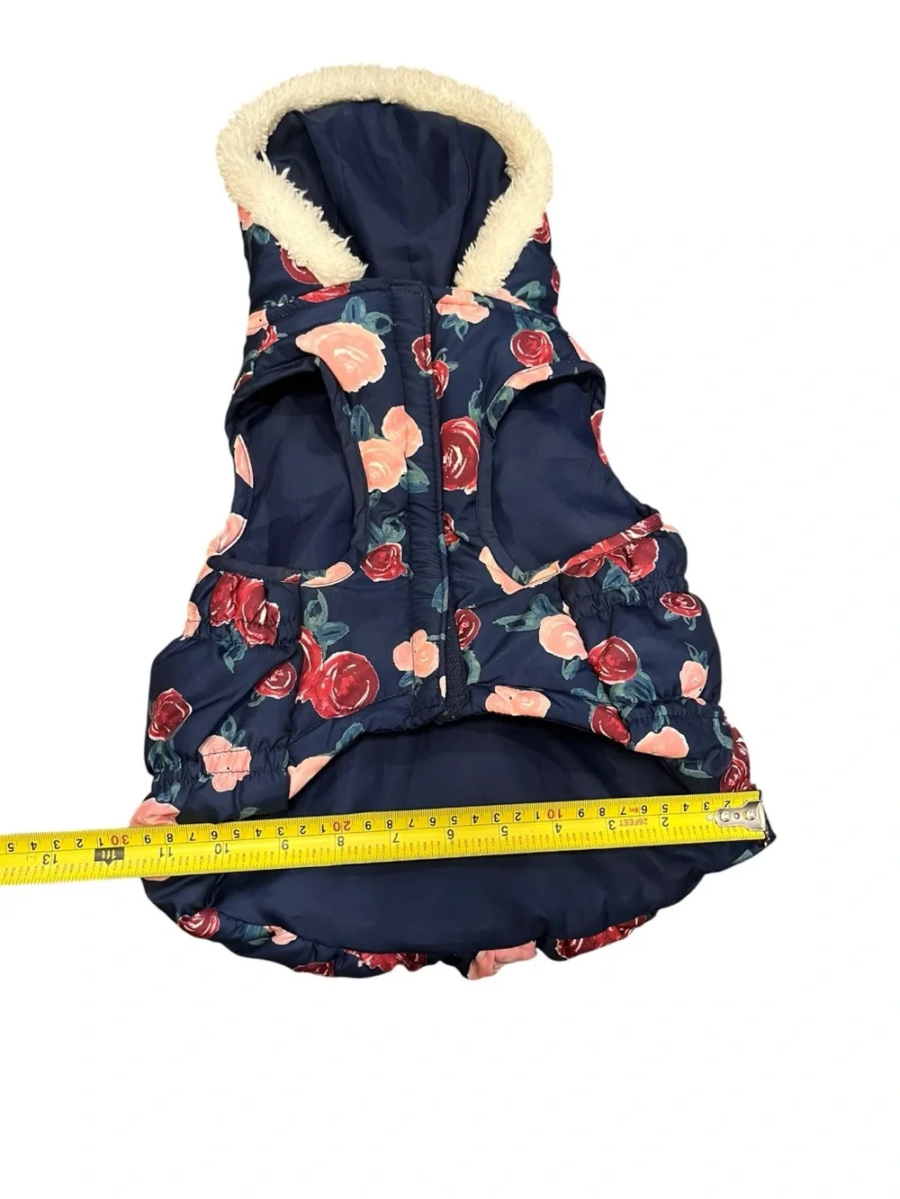 Navy Floral Puffer Dog Coat with Faux Fur Hood
